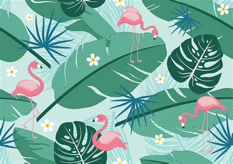 Seamless Pattern Tropical Summer Design Of Leaves And Flamingos Digital