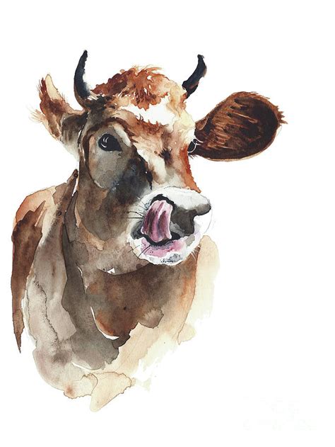 Cow Head Portrait Watercolor Art Farm Animal Pet Painting By Yulia