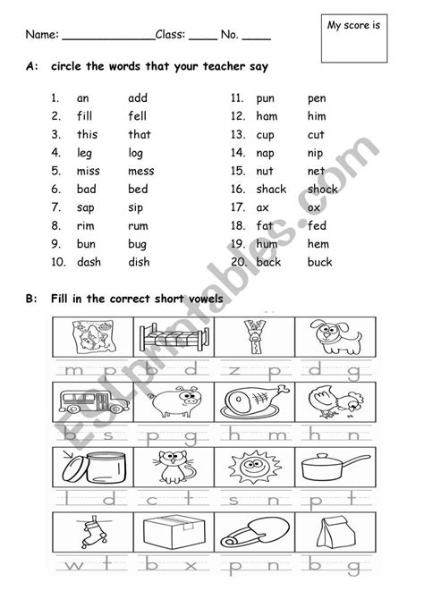 Short Vowel Test For Grade One Esl Worksheet By Stellasince1989