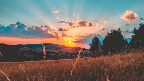 Wallpaper Field Sunset Grass Sky Clouds Sunset Aesthetic Galaxy