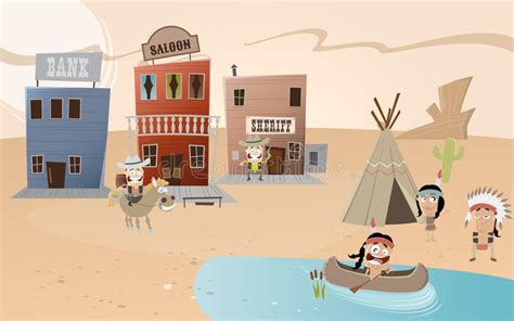 Cartoon Western Town And Indian Settlement Stock Vector