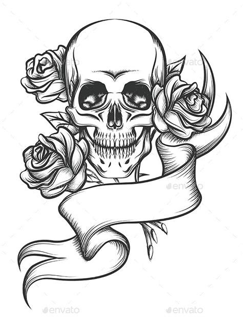 Skull And Roses With Ribbon By Olena1983 Graphicriver