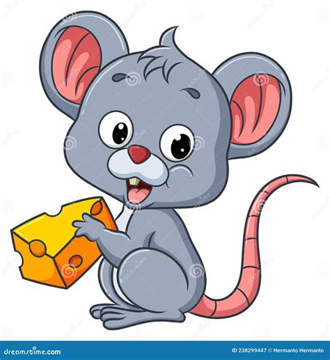 El Ratón Pequeño Come Queso Mientras Está Sentado Ilustración Del