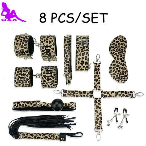 8 Pcs Leopard Sex Bondage Kit Fetish Restraint Pu Leather Adult Games Toys Neck Collar Hand