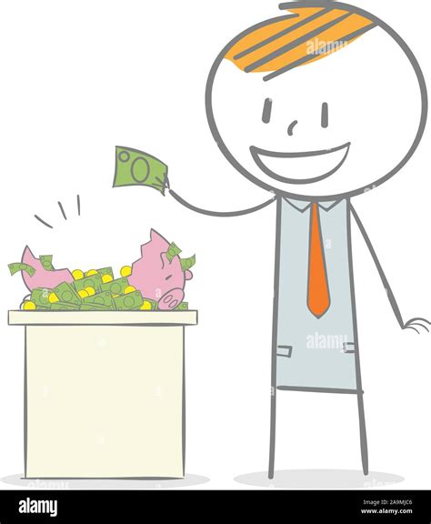 Doodle Stick Figure Investment Concept Taking Money From A Piggy Bank