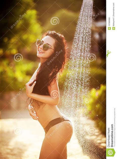 Pretty Woman Taking Shower At Beach On Sunny Day Stock Photo Image Of