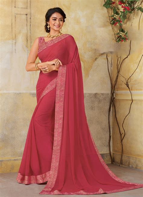Shop Online Faux Chiffon Print Bollywood Saree In Pink 156683