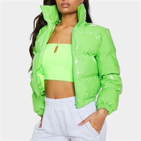 Neon Green Shinny Cropped Long Sleeve Women Bubble Winter Coat Puffer