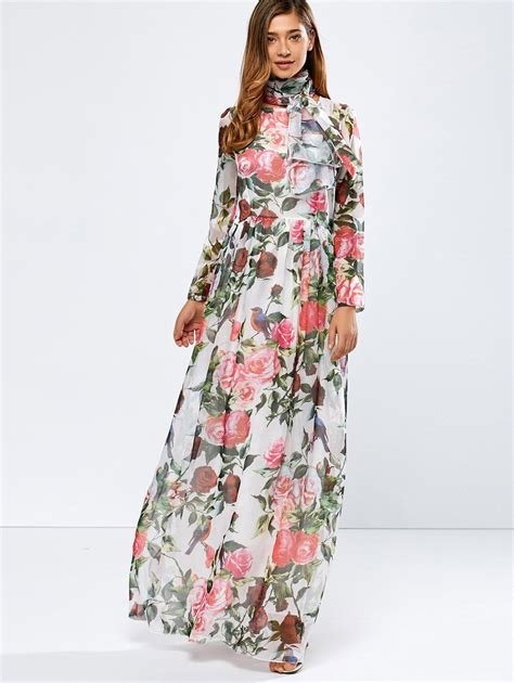 [41 Off] 2021 Vintage Chiffon Long Sleeve Floral Print Floor Length Maxi Prom Dress In White