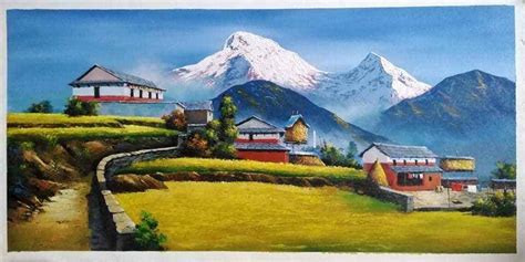 A Beautiful Nepali Village Life Acrylic Painting Grannino