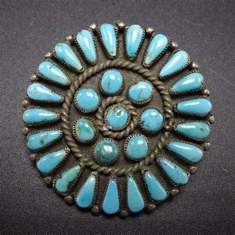 Old Vintage Navajo Sterling Silver And Petit Point Turquoise Cluster Pin