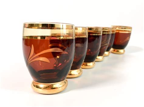 Vintage Bohemian Amber W Gold Gilt Base 6 Brown Bohemian Glass Cordials W Etched Flowers Leaf