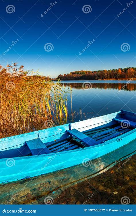 Fall Season Boat Forest And Lake Stock Photo Image Of Specific Dawn