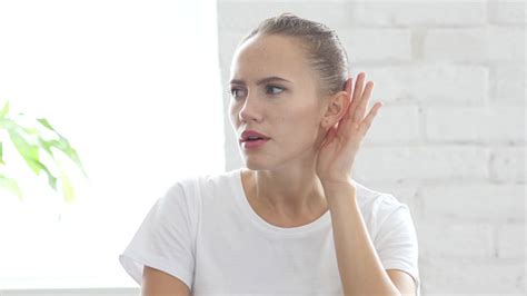 Woman Listen Carefully Hand On Ear Portrait Stock Photo Download