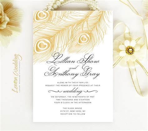Gold Feather Wedding Invitations Lemonwedding