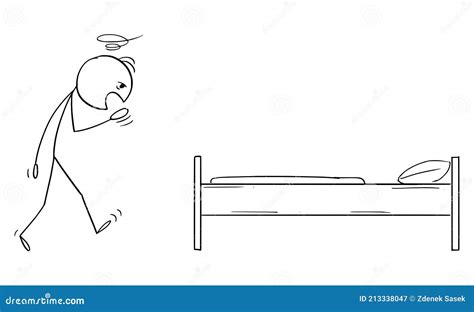 Tired Man Going To Sleep In Bed Vector Cartoon Stick Figure