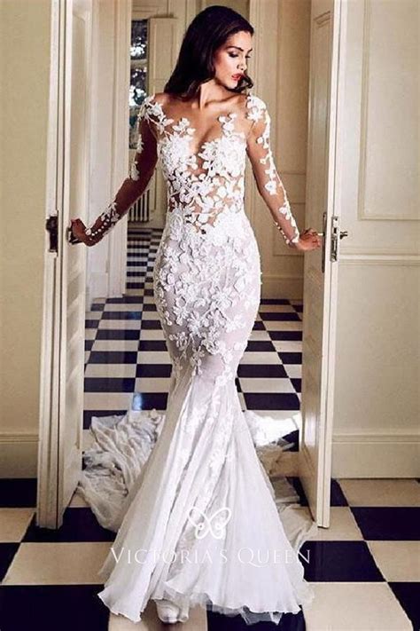 Long Sleeve White Lace Sheer Bodice Sexy Wedding Dress Vq