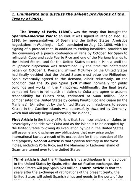 Treaty Of Paris Assignment Essay Treaty 1 Enumerate And Discuss