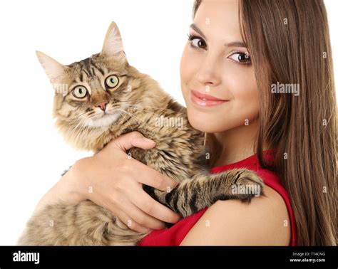 Beautiful Young Woman Holding Cat Isolated On White Stock Photo Alamy