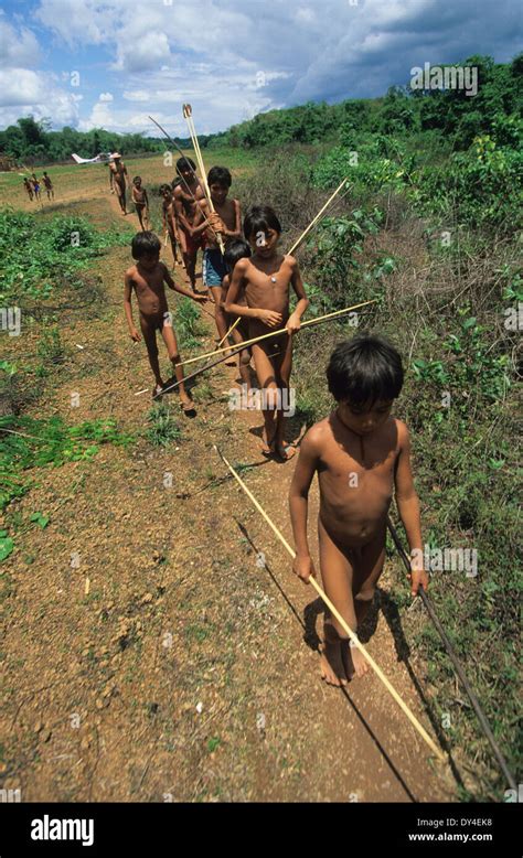 Yanomami Jungs Junge Jäger Mit Pfeil Und Bogen Lernen Zu Jagen