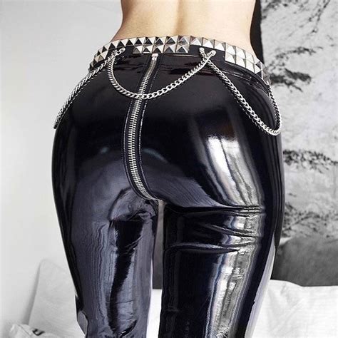 Sexy Glossy Faux Leather Pants Women High Waist Punk Front Back Zipper