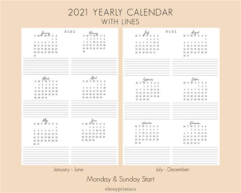 2021 Calendar Printable Lined 12 Months Planner 2021 Etsy