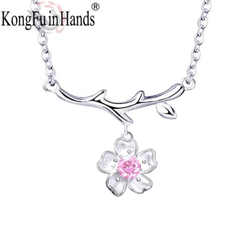 925 Sterling Silver Sakura Pendant Necklace For Women Romantic Cherry