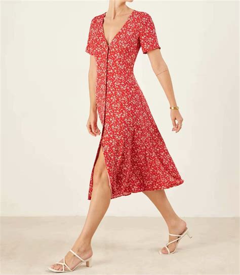 Fashion Summer Women Red Floral Print Midi Dress V Neck Short