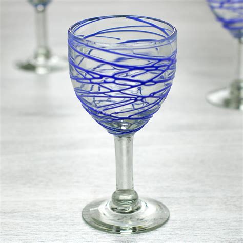 Mexican Blown Glass Set Of 6 Wine Glasses With Blue Swirls Sapphire Swirl Blown Glass Wine