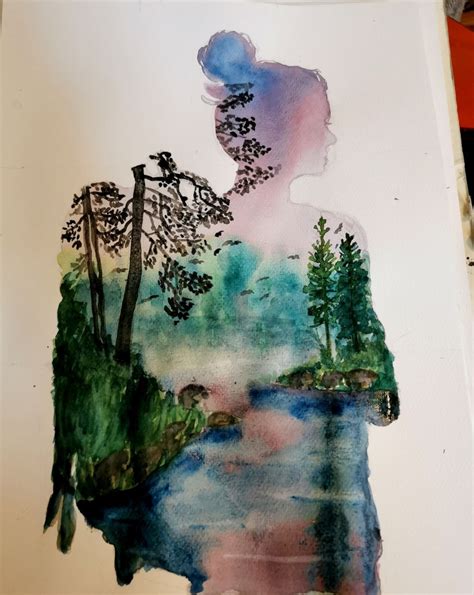 My Project In Double Exposure Watercolor Painting Nature Course