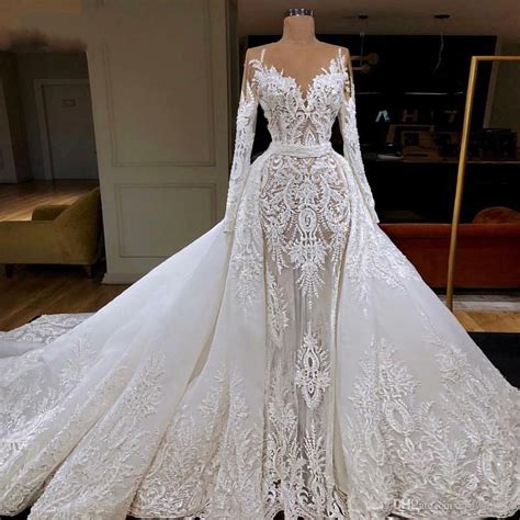 luxury 2020 long sleeves mermaid wedding dresses with detachable train sheer neck vestido