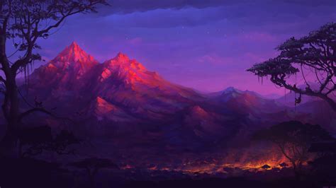 2560x1440 Forest Mountains Colorful Night Trees Fantasy Artwork 5k