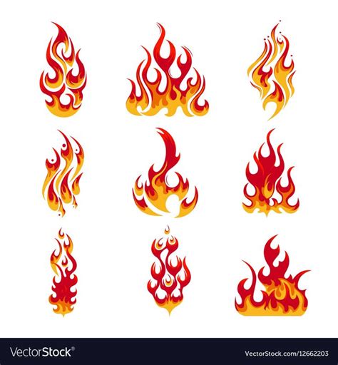 Colorful Fire Flames Set Of Different Shapes In Cartoon Style Isolated