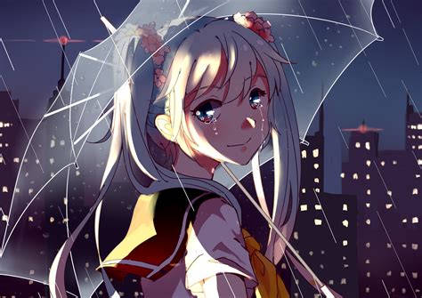 Anime Girls Tears Rain Umbrella Twintails School Uniform Hair