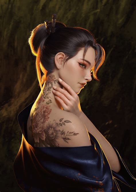 Wallpaper Samurai Women Tattoo Artstation Brunette Robes