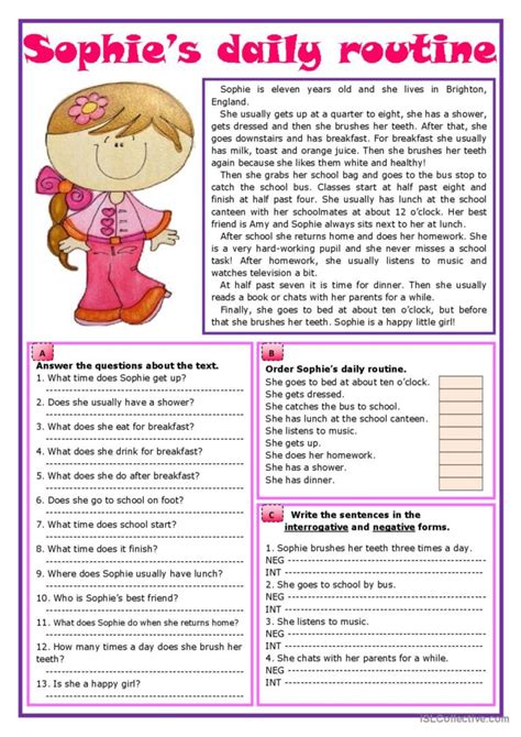 Sophie S Daily Routine Reading For D English ESL Worksheets Pdf Doc