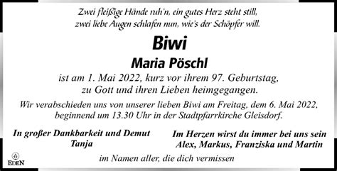 Traueranzeigen Von Maria Pöschl Trauerkleinezeitungat