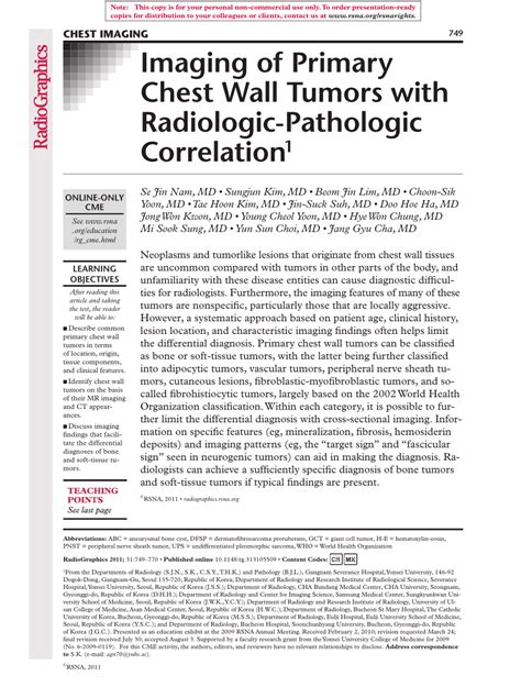 Pdf Imaging Of Primary Chest Wall Tumors With Radiologic Pathologic