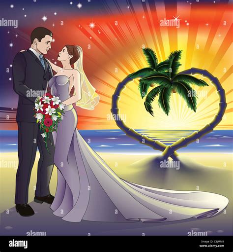 Bride And Groom Newly Weds On A Perfect Tropical Beach Palm Trees Form