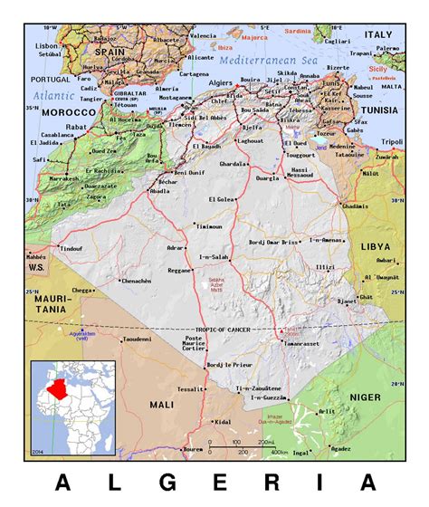 Детальная политическая карта Алжира с рельефом Алжир Африка Maps