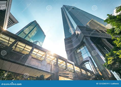 Futuristic Cityscape View With Skyscrapers At Sunset Hong Kong Stock
