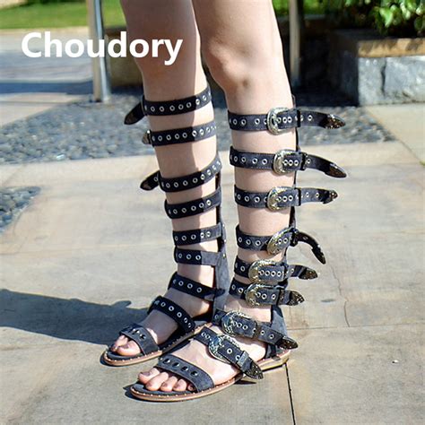 Choudory Summer Suede Leather Gladiator Sandals Women Fashion Buckles Flats Dress Shoes Woman