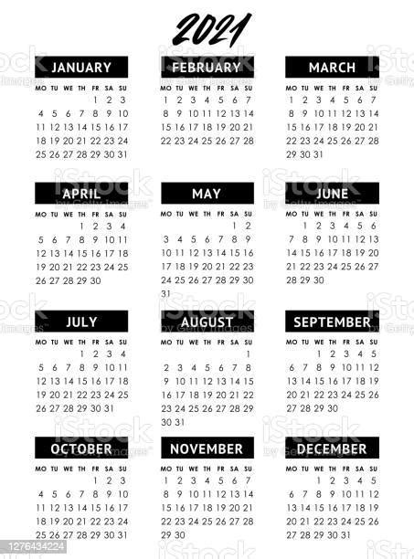Vector Calendar For 2021 Year Week Starts Monday Stock Illustration