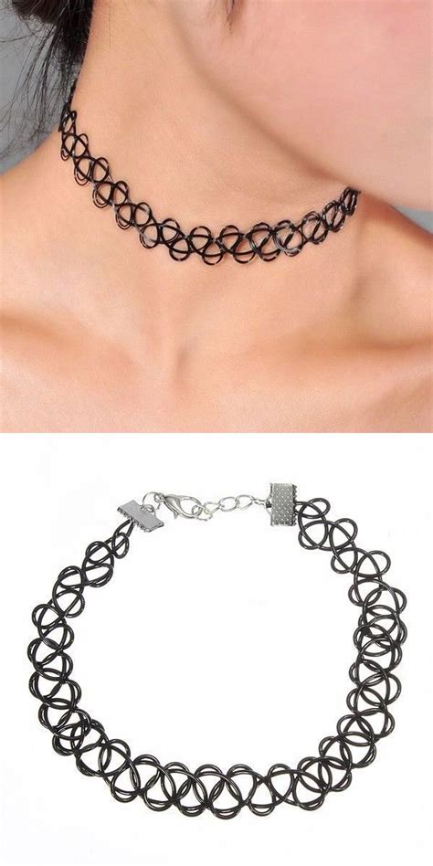 Black Stretch Henna Tattoo Choker Collar Necklace Vintage Jewelry Hemp