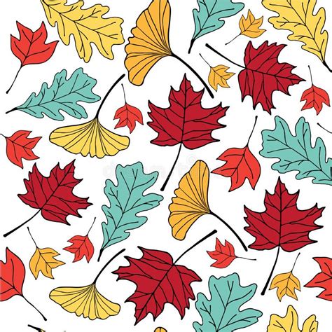 Colorful Autumn Leaf Hand Drawn Doodle Illustration Pattern Seem Stock
