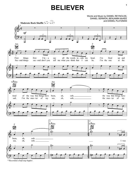 You can print the sheet music, beautifully rendered by sibelius, up to three times. Imagine Dragons Believer Piano, Vocal & Guitar (Right-Hand ...