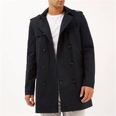 River Island Navy Double Breasted Military Trench Coat In Blue For Men