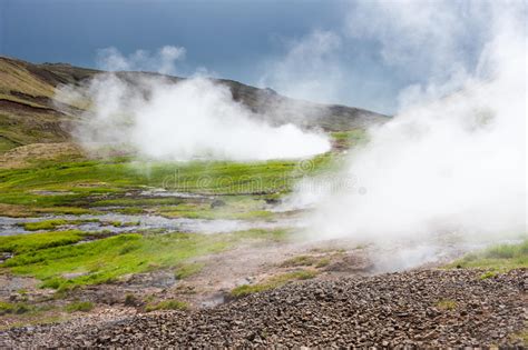Geothermal Valley With Steam Near Hveragerdi Thermal Springs Iceland