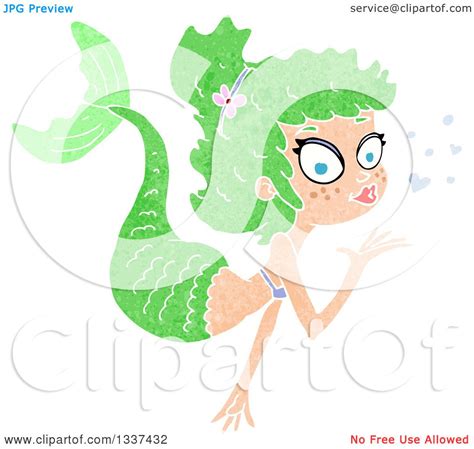 Clipart Of A Textured Green White Mermaid Blowing A Kiss 4 Royalty