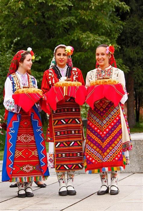 Trio Of Girls Wearing Traditional Bulgarian Costumes Traditional